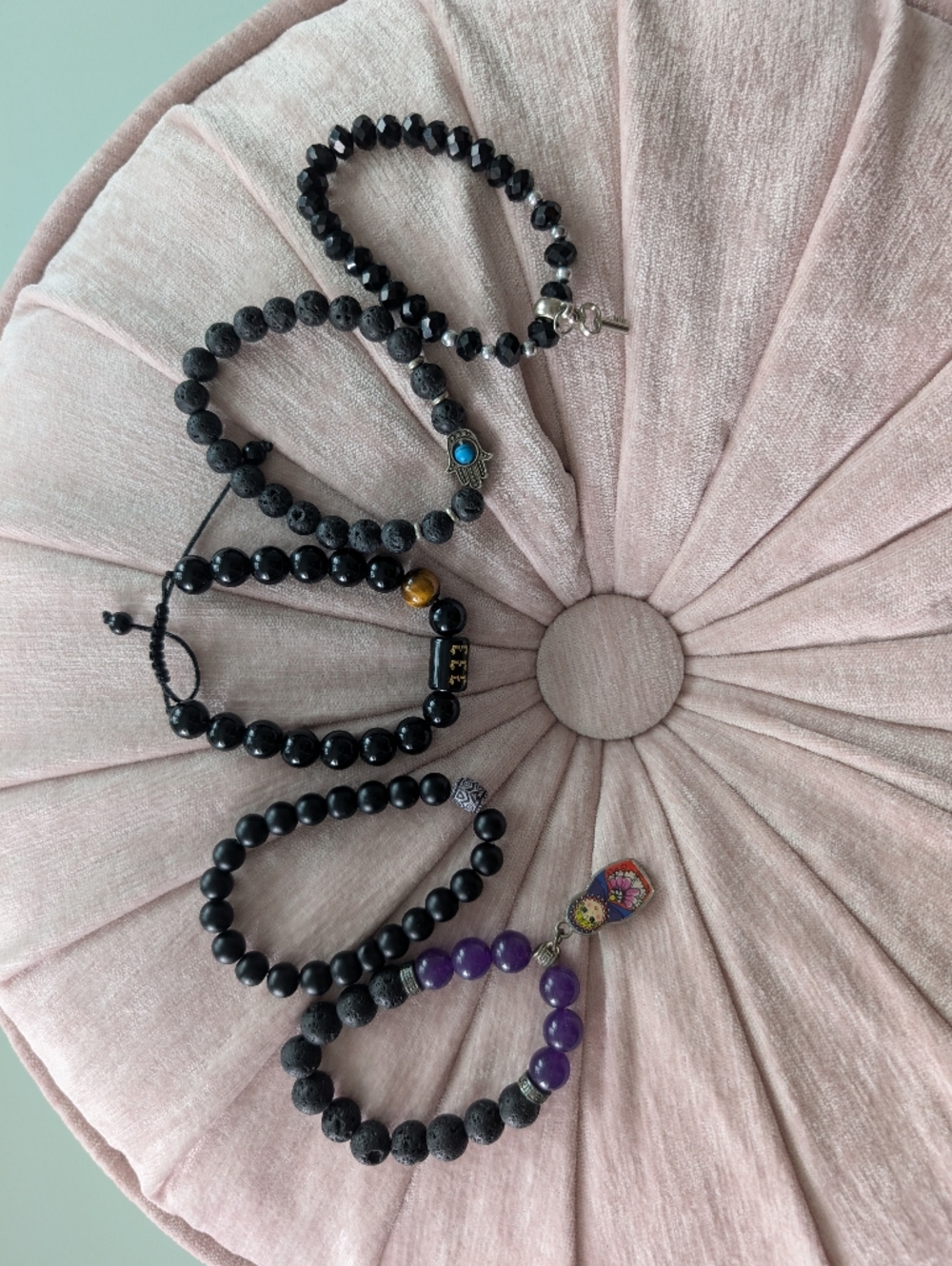 Set of Black Beaded Crystal & Volcano Rock Bracelets with Accent Charms